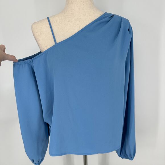 Open Edit Pleated Asymetric Neck Single Cold Shoulder Blue New Blouse Womens XL - Picture 2 of 9
